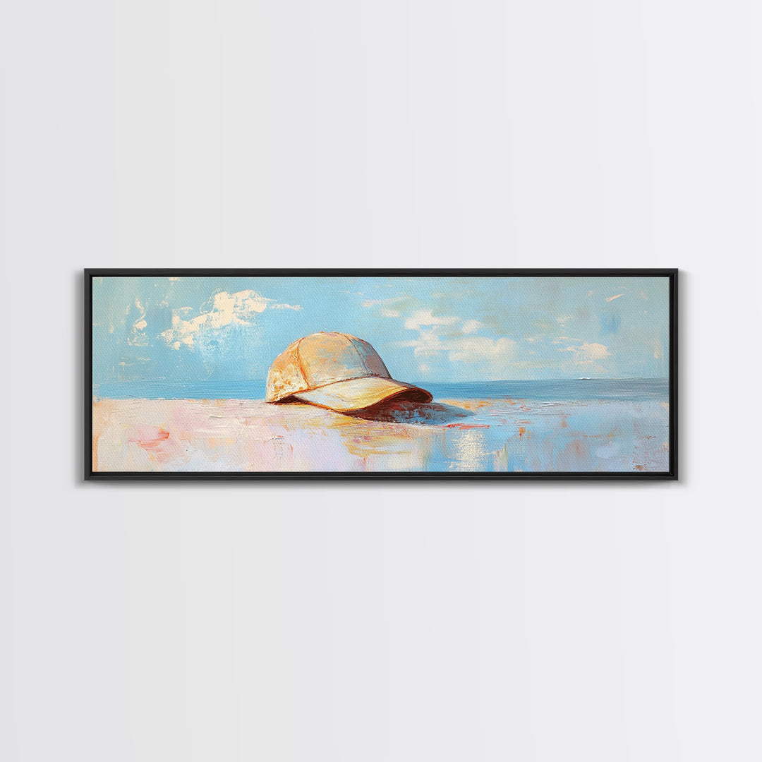 Sunlit Baseball Cap On Sandy Blue Shore Wall Art, Coastal Beach House Decor, Nautical Living Room Print, Gift For Him, Home Decor