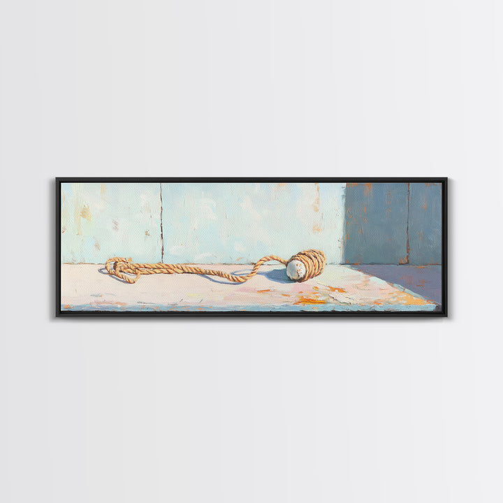 Weathered Rope And Wood Float Canvas Print, Nautical Coastal Wall Art, Beach House Decor, Rustic Bathroom Wall Decor, Ocean Wall Art