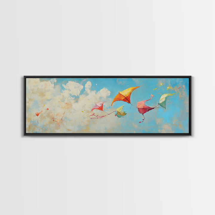 Colorful Kites Drifting Through Clouds Wall Art, Whimsical Kids Room Canvas Print, Playroom Decor, Nursery Wall Art Gift