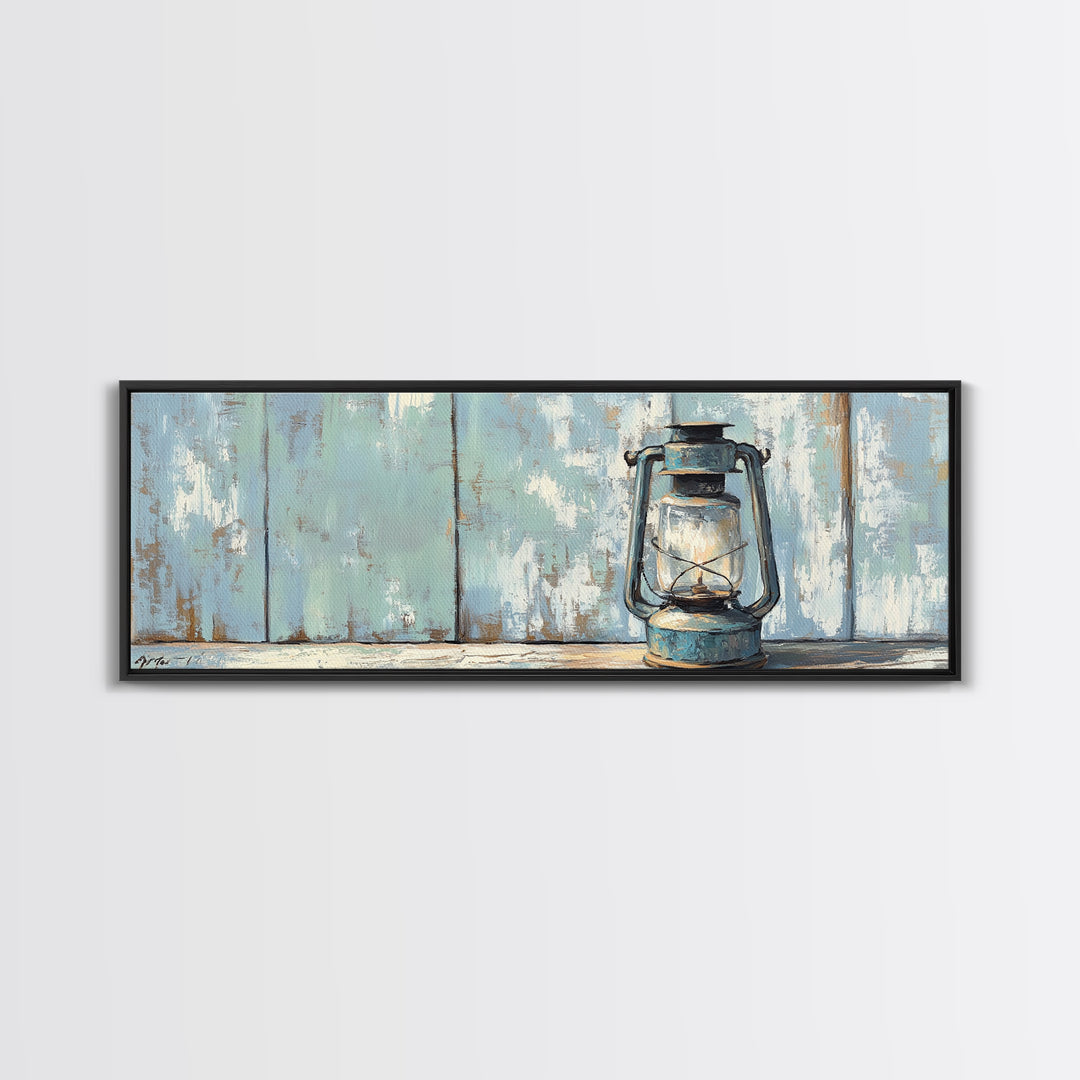 Blue Kerosene Lantern On Weathered Wood Framed Canvas Print, Rustic Wall Art, Coastal Decor, Farmhouse Home Decor, Housewarming Gift