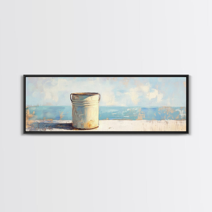 White Enamel Pail By The Sea Canvas Print, Coastal Farmhouse Wall Decor, Beach House Art, Rustic Nautical Kitchen Decor Print