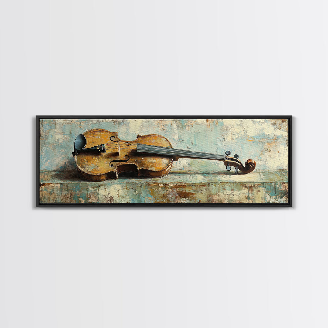 Antique Violin On Weathered Blue Table Framed Canvas Print, Music Room Wall Art, Rustic Studio Decor, Gifts For Musicians