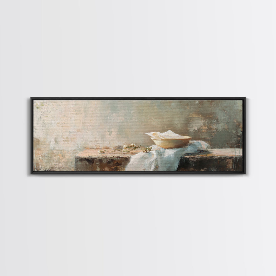 White Bowl Still Life On Linen Canvas Print, Minimalist Kitchen Wall Art, Neutral Wabi Sabi Decor, Calm Dining Room Print