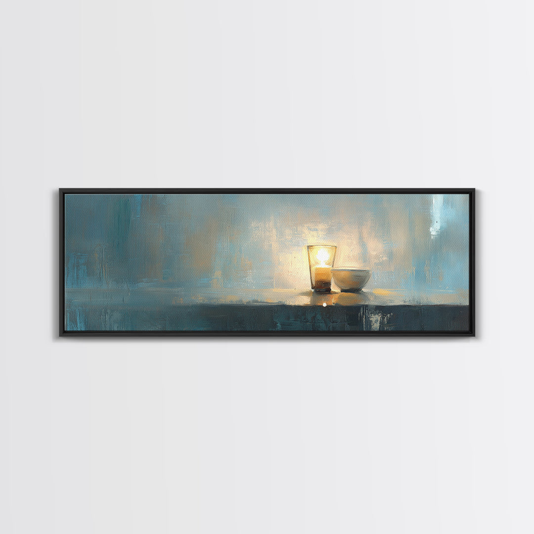 Glowing Candle And Small Bowl Minimalist Wall Art, Blue Wabi Sabi Home Decor, Calming Canvas Print, Zen Dining Room Decor