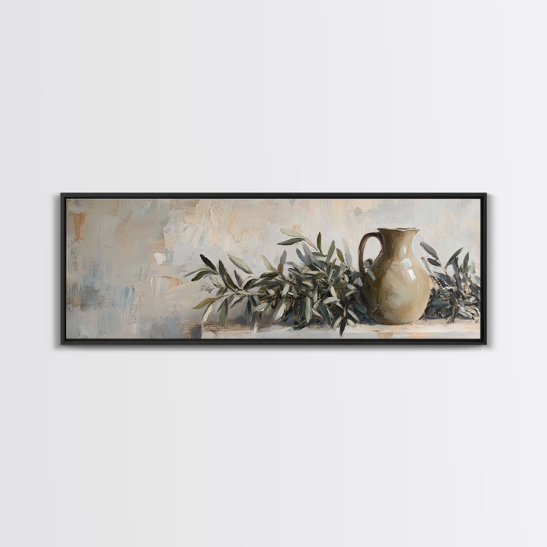 Olive Branches And Clay Pitcher Wall Art, Mediterranean Canvas Print, Rustic Kitchen Decor, Neutral Botanical Home Decor