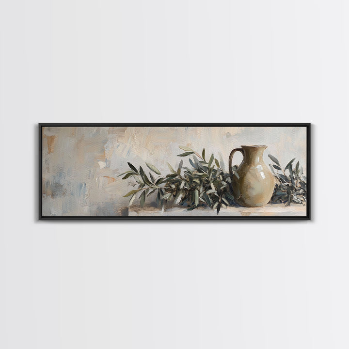 Olive Branches And Clay Pitcher Wall Art, Mediterranean Canvas Print, Rustic Kitchen Decor, Neutral Botanical Home Decor