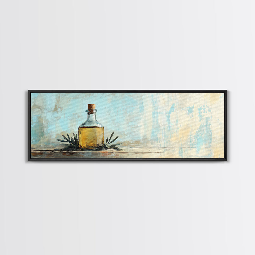 Amber Bottle And Green Leaves Wall Art, Minimalist Still Life Canvas Print, Rustic Kitchen Decor, Modern Farmhouse Home Decor