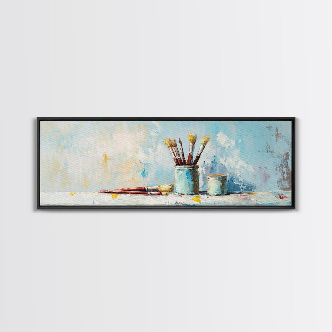 Blue Jars With Artist Brushes Canvas Print, Paint Studio Wall Art, Creative Office Decor, Modern Gallery Wall Art Print, Gift For Art Lover