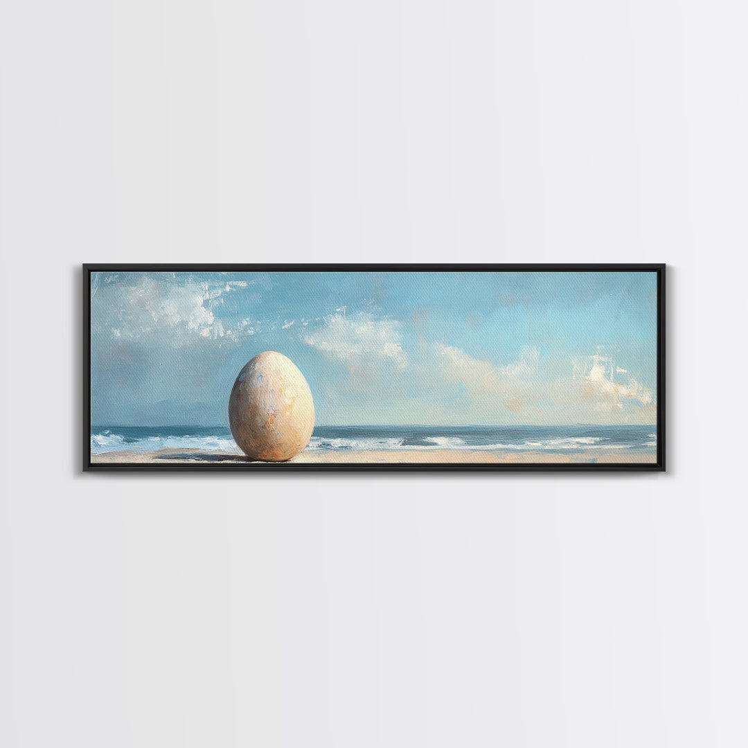 Large Egg On Quiet Shore Canvas Print, Surreal Beach Wall Art, Coastal Home Decor, Modern Seascape Living Room Decor, Ocean Art