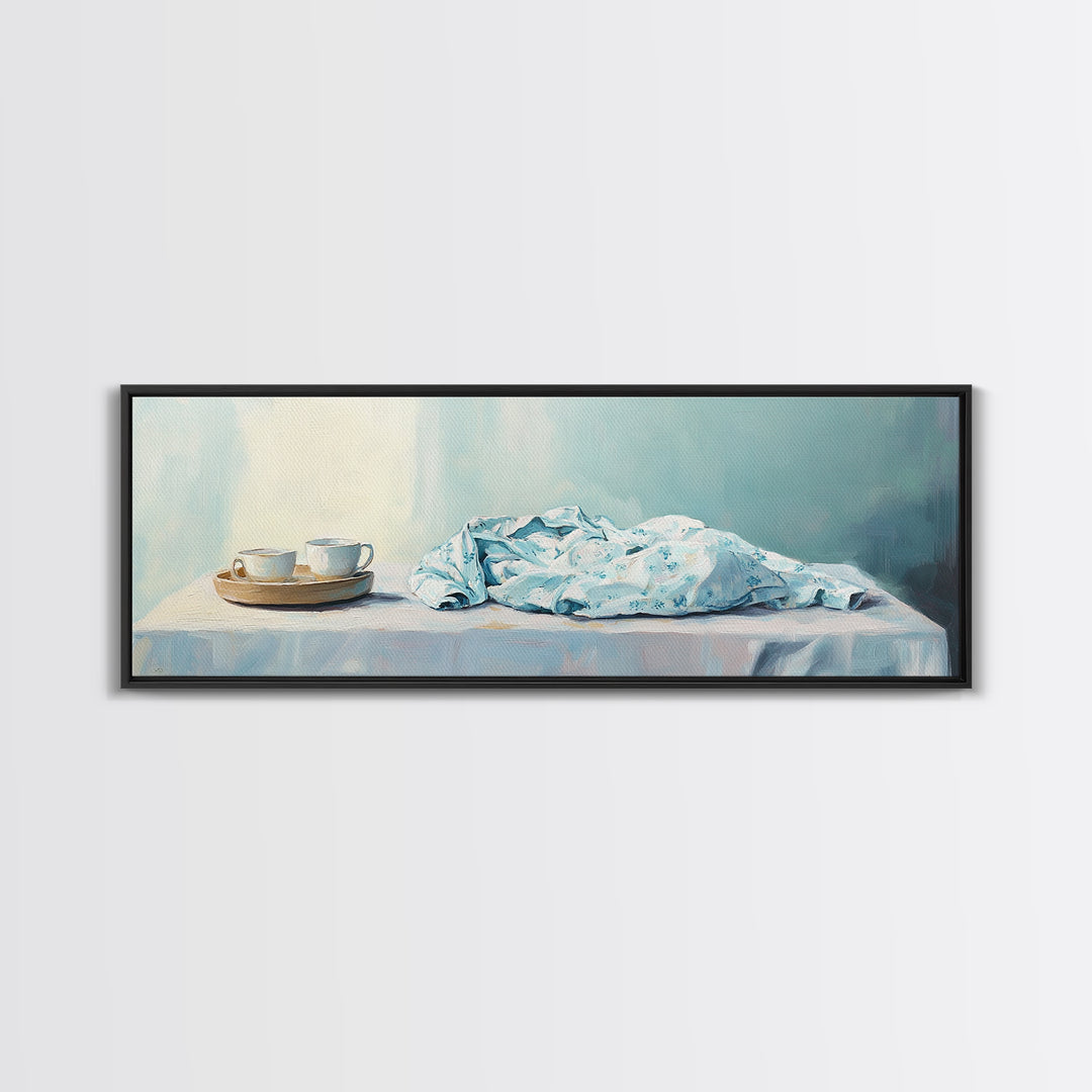 White Tea Cups And Blue Draped Cloth Canvas Print, Serene Still Life Wall Art, Minimalist Kitchen Decor, Cozy Home Decor