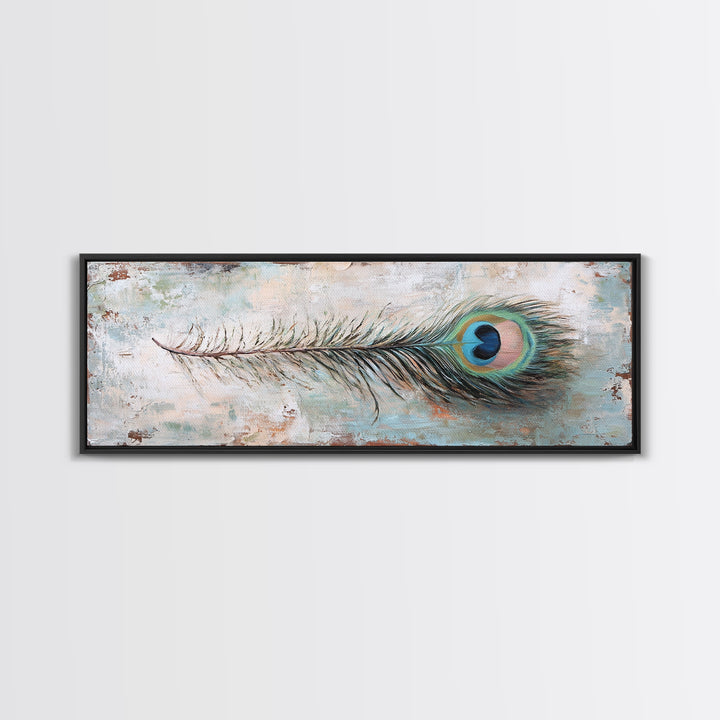 Peacock Feather On Distressed Blue Texture Wall Art, Long Horizontal Canvas, Rustic Coastal Decor, Boho Nature Print, Gift For Her