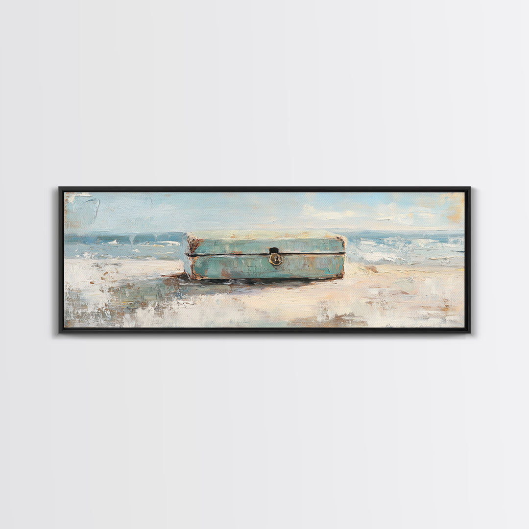 Weathered Blue Trunk On Sandy Beach Canvas Print, Coastal Wall Art, Ocean Seascape Decor, Nautical Housewarming Gift, Beach House Decor