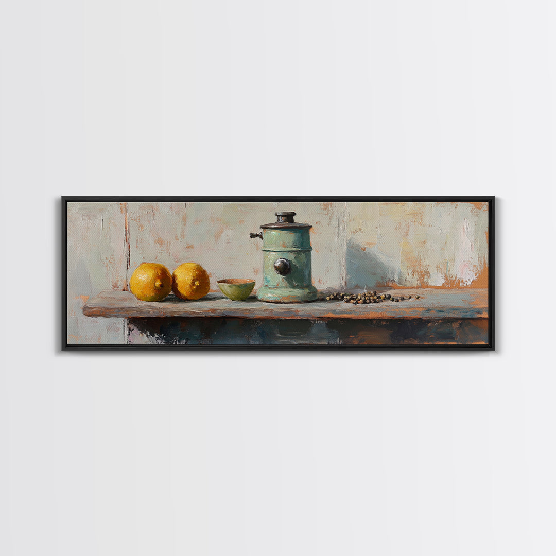 Rustic Coffee Grinder With Lemons Still Life Canvas Print, Kitchen Wall Art, Farmhouse Decor, Food Lover Housewarming Gift