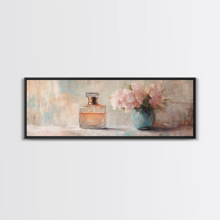 Perfume Bottle And Pink Flowers Framed Canvas Print, Feminine Wall Art, Vanity Decor, Romantic Bedroom Gift For Her, Coquette Prints