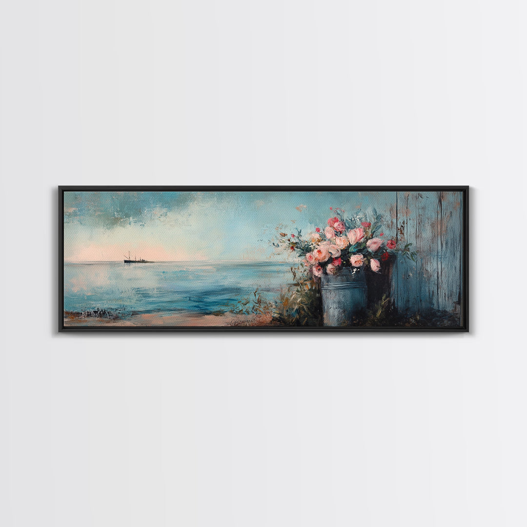 Blue Seascape With Flower Bucket Wall Art, Coastal Canvas Print, Beach House Decor, Ocean Landscape Housewarming Gift, Living Room Art