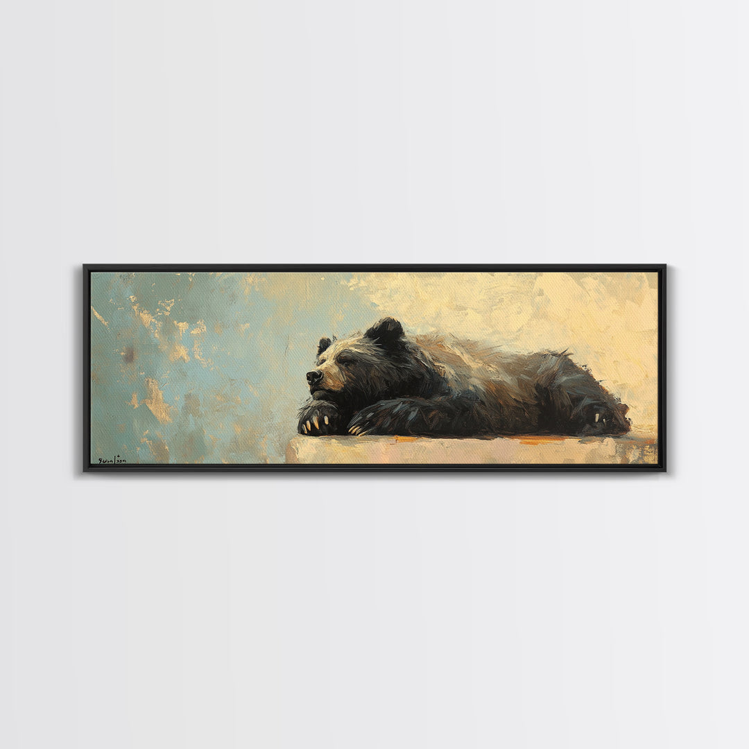 Resting Black Bear Oil Painting Framed Canvas Print, Rustic Wildlife Wall Art, Cabin Decor, Nature Lover Gift, Large Living Room Decor