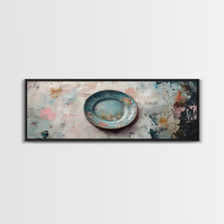 Weathered Blue Plate Wall Art, Minimalist Still Life Painting, Rustic Kitchen Decor, Textured Canvas Print For Dining Room