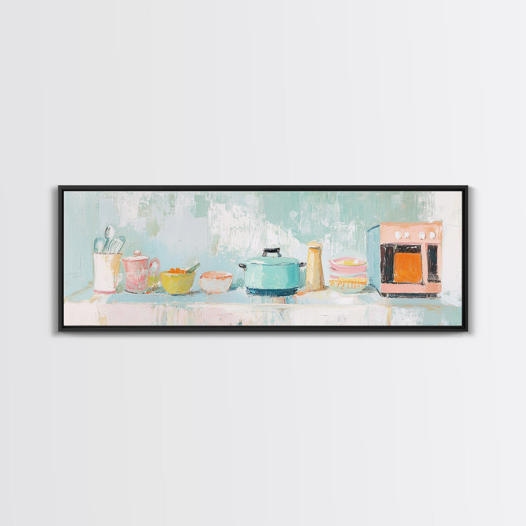 Pastel Kitchen Counter Canvas Print, Cozy Kitchen Wall Art, Modern Farmhouse Decor, Whimsical Cooking Art For Dining Room