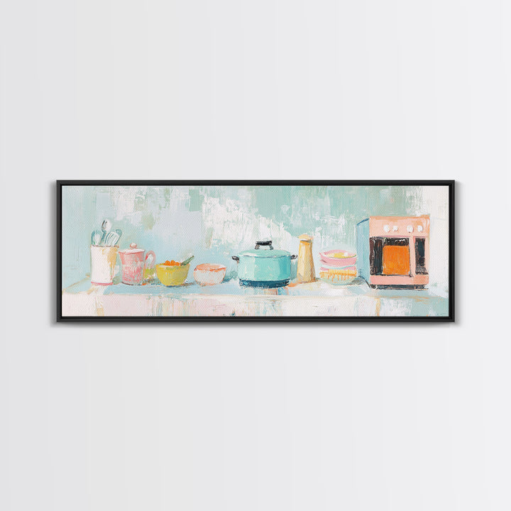 Pastel Kitchen Counter Canvas Print, Cozy Kitchen Wall Art, Modern Farmhouse Decor, Whimsical Cooking Art For Dining Room