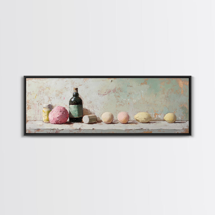 Pastel Bath Bombs And Bottles Wall Art, Spa Bathroom Decor, Apothecary Still Life, Feminine Canvas Print, Gift For Her, Home Decor