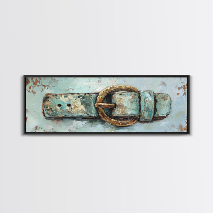 Weathered Turquoise Belt Buckle Wall Art, Western Cowboy Canvas Print, Rustic Farmhouse Decor, Man Cave And Entryway Decor