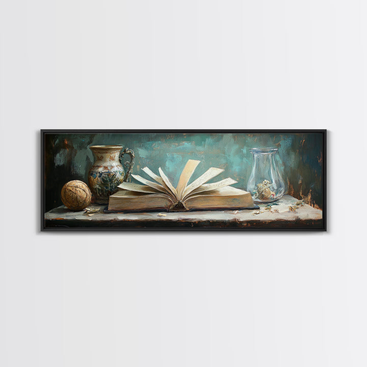 Open Antique Book With Vases Canvas Print, Dark Academia Wall Art, Literary Decor, Moody Library Reading Nook Home Decor