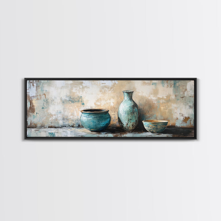 Turquoise Ceramic Vessels Still Life, Rustic Neutral Framed Canvas Print, Kitchen Wall Art, Modern Farmhouse Housewarming Gift