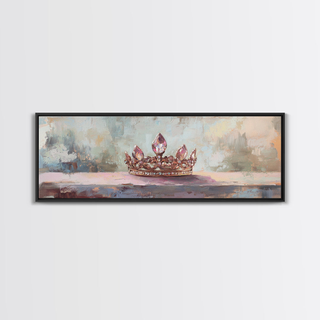 Jeweled Princess Crown Still Life Framed Canvas Print, Feminine Wall Art, Romantic Bedroom Decor, Coquette Room Decor Gift For Her