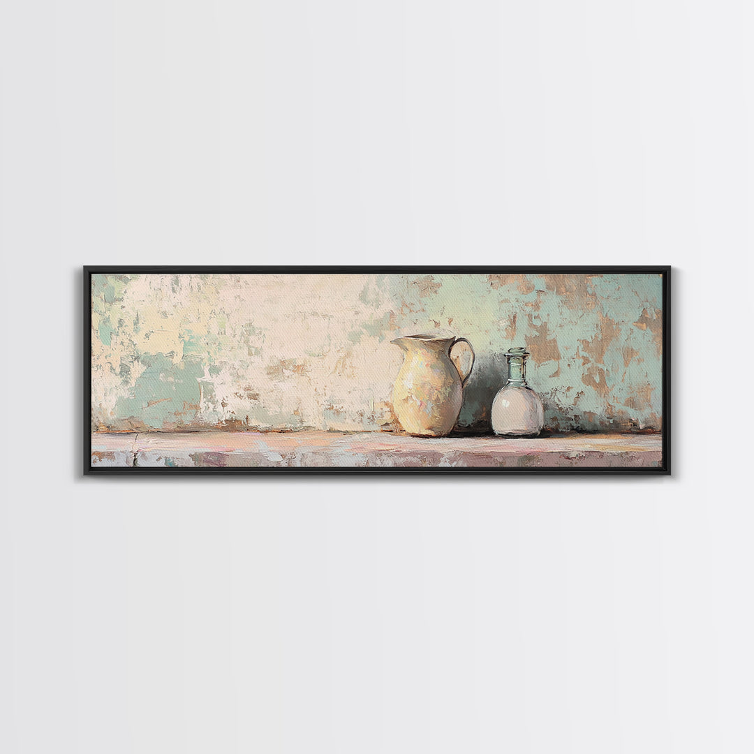 Cream Pitcher And Glass Bottle Still Life Canvas Print, Rustic Farmhouse Wall Art, Neutral Kitchen Decor, Housewarming Gift