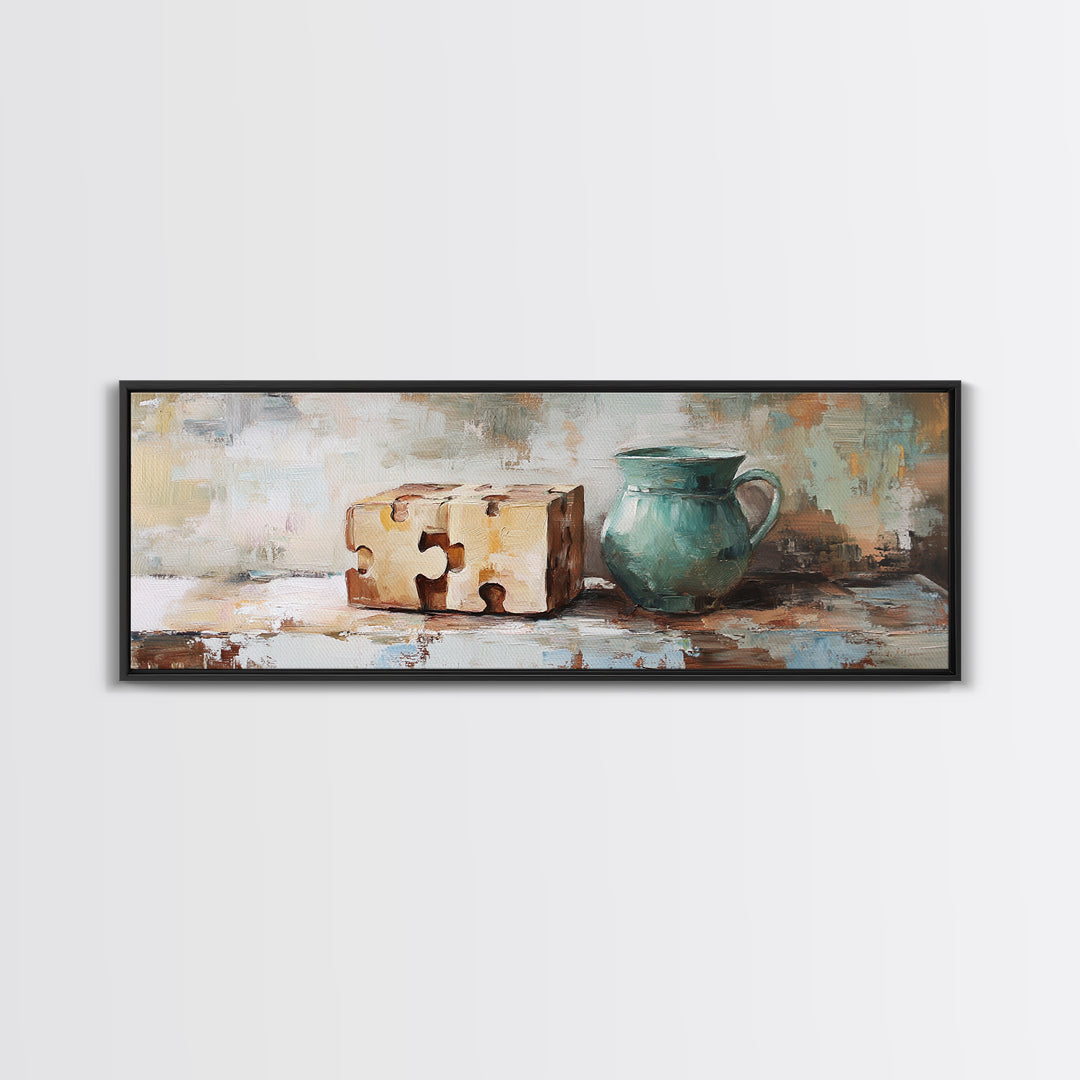 Teal Pitcher And Puzzle Pieces Still Life Canvas Print, Rustic Wall Art, Quirky Kitchen Decor, Unique Housewarming Gift For Her
