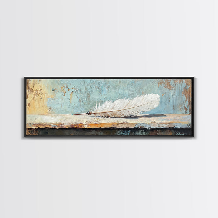 White Feather Still Life On Blue Canvas Print, Boho Wall Art, Minimalist Nature Decor, Peaceful Bedroom Decor Gift For Her