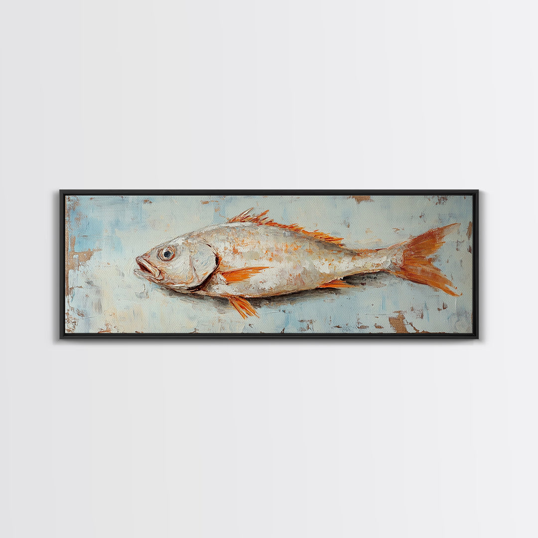 Textured Silver Fish Coastal Wall Art, Nautical Kitchen Decor, Seafood Painting Print, Beach House Ocean Art, Rustic Canvas