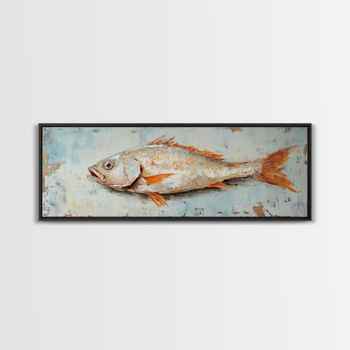 Textured Silver Fish Coastal Wall Art, Nautical Kitchen Decor, Seafood Painting Print, Beach House Ocean Art, Rustic Canvas