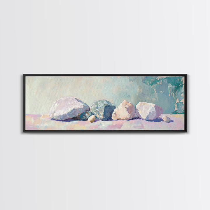 Pastel Stone Still Life Wall Art, Neutral Coastal Canvas Print, Minimalist Nature Decor, Serene Living Room Wall Decor Prints
