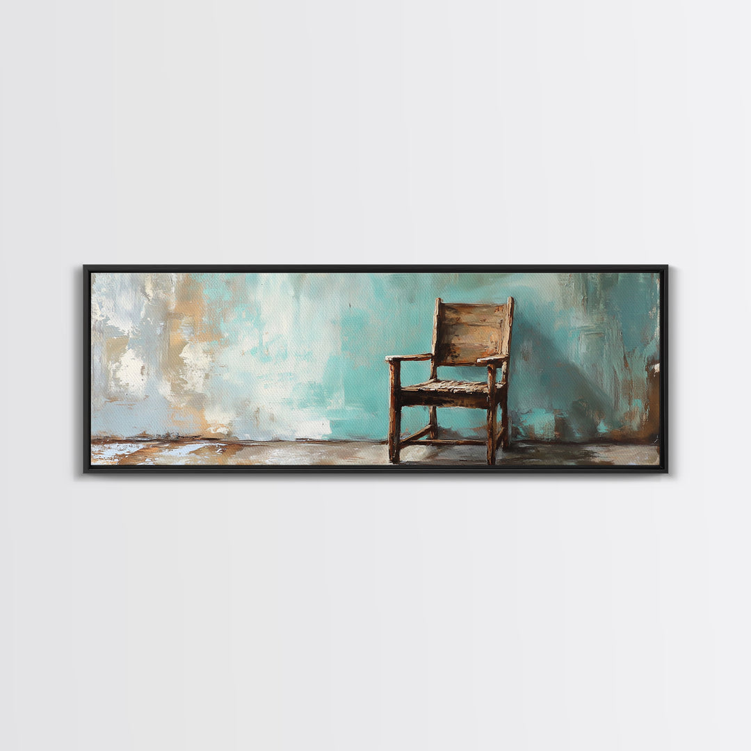Rustic Empty Chair Wall Art, Moody Minimalist Framed Canvas Print, Wabi Sabi Office Decor, Neutral Living Room Wall Decor