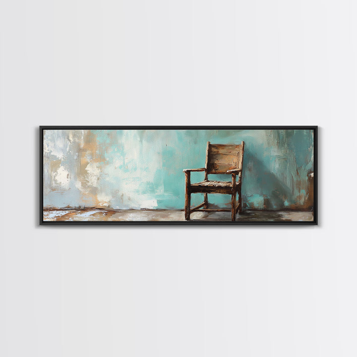 Rustic Empty Chair Wall Art, Moody Minimalist Framed Canvas Print, Wabi Sabi Office Decor, Neutral Living Room Wall Decor