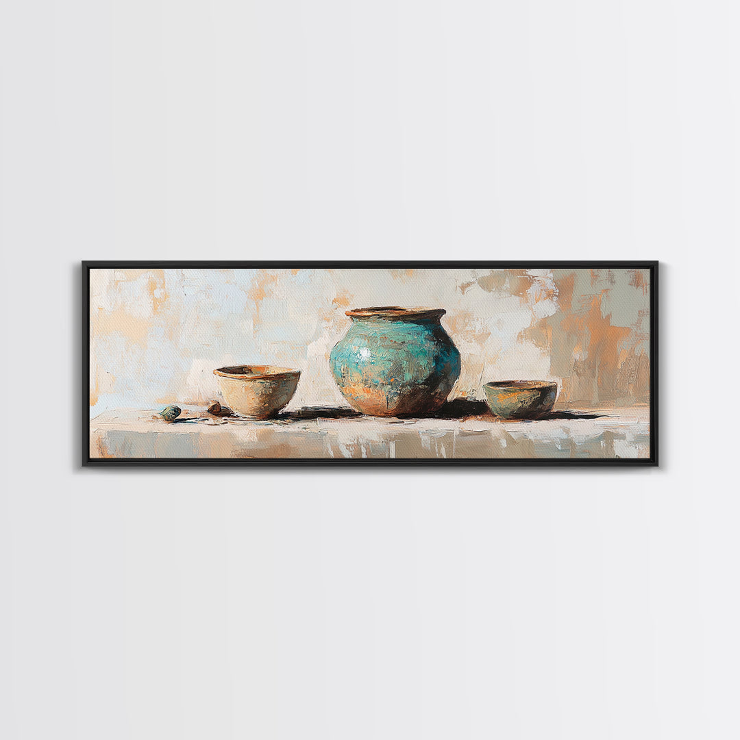 Turquoise Pottery Still Life Wall Art, Rustic Kitchen Decor, Farmhouse Canvas Print, Neutral Dining Room Art Print Gift Idea