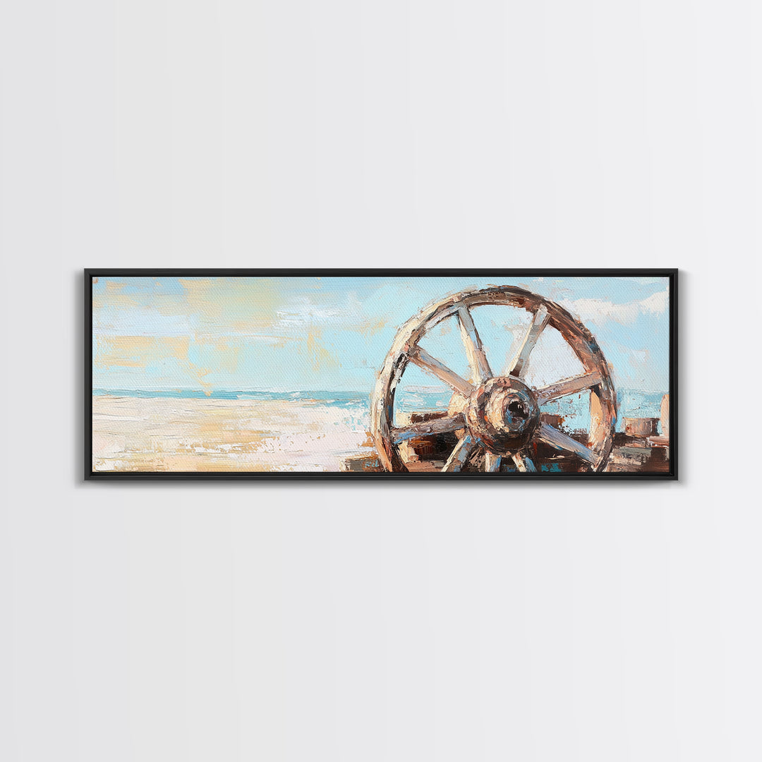 Weathered Wagon Wheel Wall Art, Coastal Beach Decor, Rustic Nautical Canvas Print, Beach House Wall Decor, Large Seascape Gift