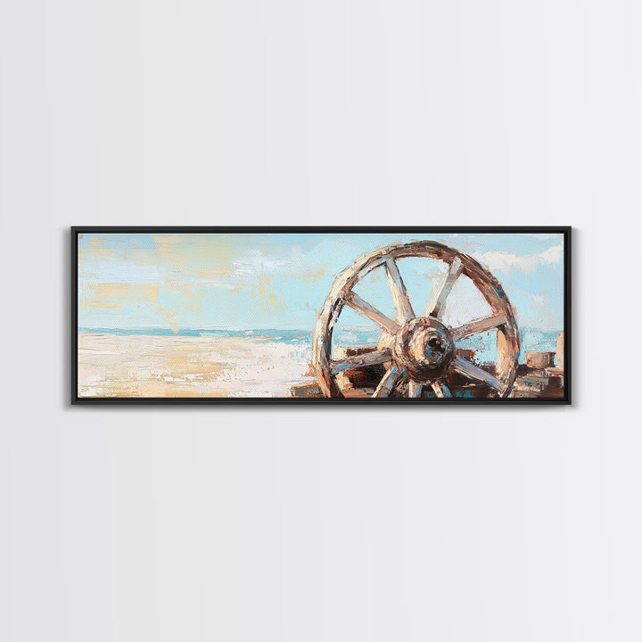 Weathered Wagon Wheel Wall Art, Coastal Beach Decor, Rustic Nautical Canvas Print, Beach House Wall Decor, Large Seascape Gift