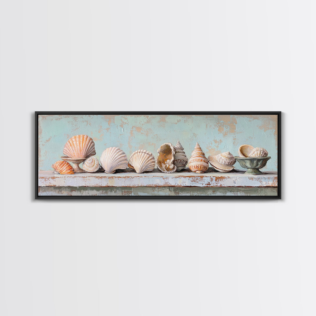 Pastel Seashell Shelf Still Life Framed Canvas Print, Coastal Wall Art, Beach House Decor, Nautical Bathroom Wall Decor, Ocean Print