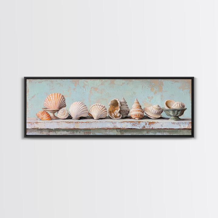 Pastel Seashell Shelf Still Life Framed Canvas Print, Coastal Wall Art, Beach House Decor, Nautical Bathroom Wall Decor, Ocean Print