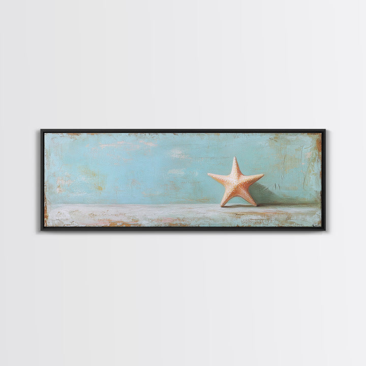 Single Starfish On Weathered Blue Shelf Wall Art, Minimalist Coastal Decor, Beach House Bathroom Canvas Print, Ocean Wall Decor