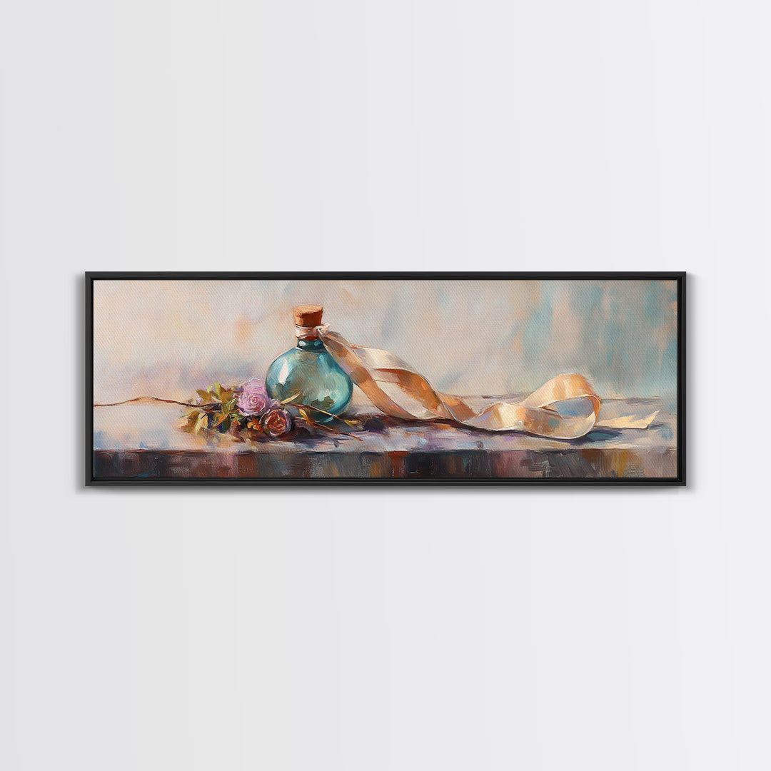 Coastal Bottle Ribbon And Shell Still Life Framed Canvas Print, Beach House Wall Art, Nautical Decor, Soft Pastel Art, Home Decor