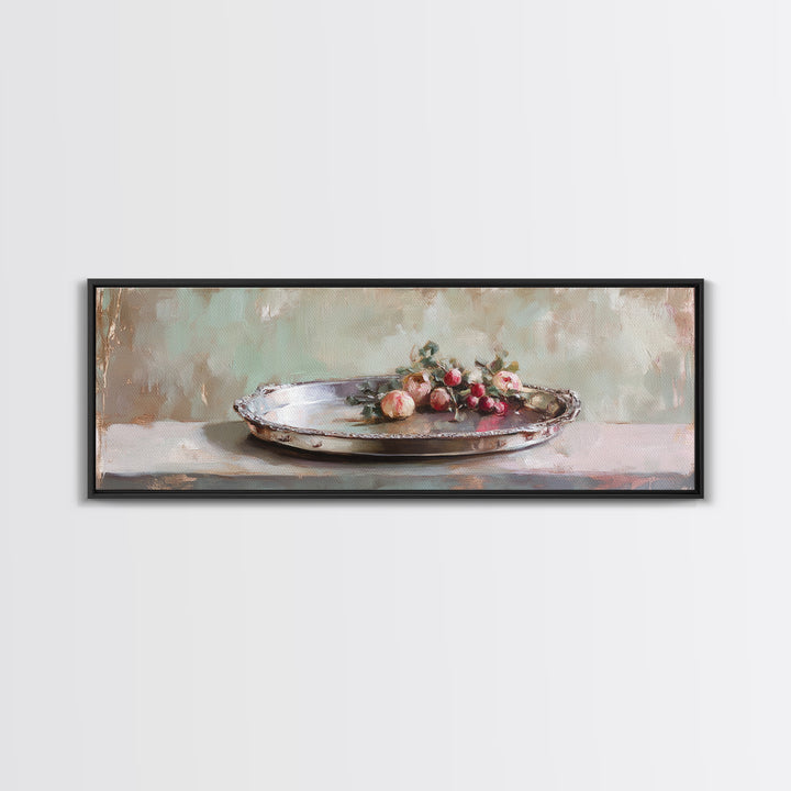 Antique Silver Tray With Red Berries Wall Art, Rustic Still Life Framed Canvas Print, Farmhouse Dining Room Decor, Kitchen Wall Decor