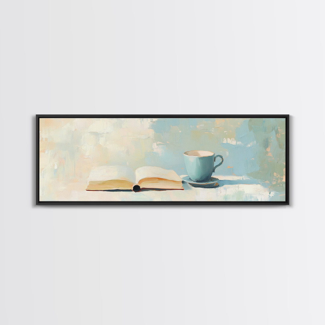 Open Book And Blue Teacup Wall Art, Cozy Reading Nook Print, Book Lover Gift, Minimalist Home Decor, Living Room Decor, Wall Decor