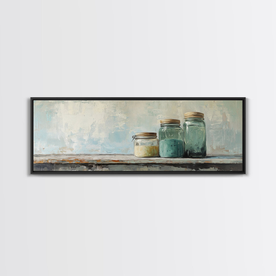 Minimalist Blue Glass Jars Canvas Print, Rustic Kitchen Wall Decor, Neutral Home Decor, Farmhouse Art, Modern Still Life Print
