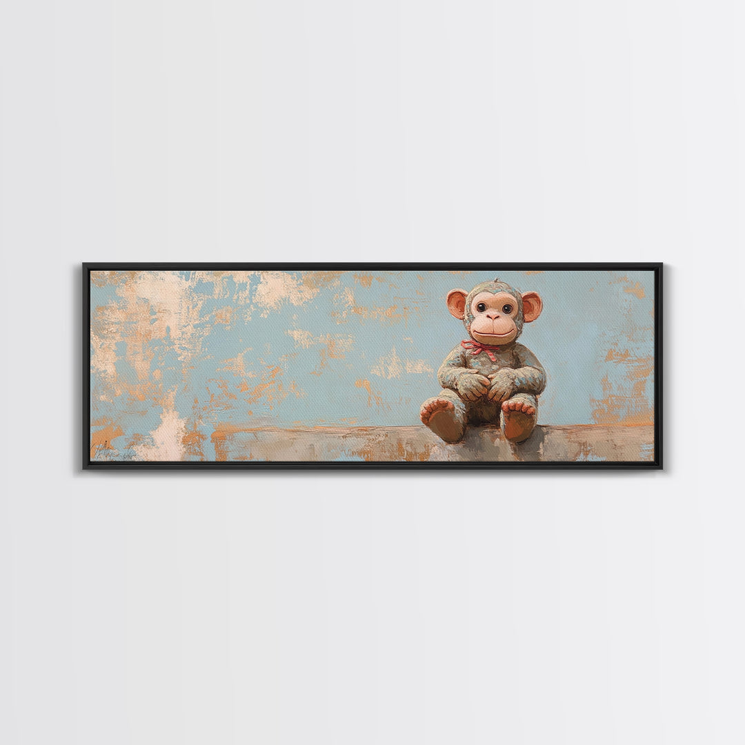 Plush Monkey Toy On Blue Nursery Wall Art, Whimsical Animal Art, Kids Room Decor, Baby Shower Gift, Cute Animal Canvas Print