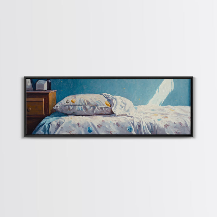 Sunlit Floral Bed With Blue Pillow Wall Art, Cozy Bedroom Decor, Guest Room Art, Above Bed Print, Romantic Canvas Print For Her