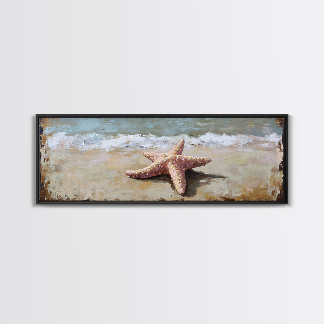 Pink Starfish On Sandy Beach Canvas Print, Coastal Wall Art, Ocean Waves Decor, Summer Beach House Bathroom Wall Decor Gift
