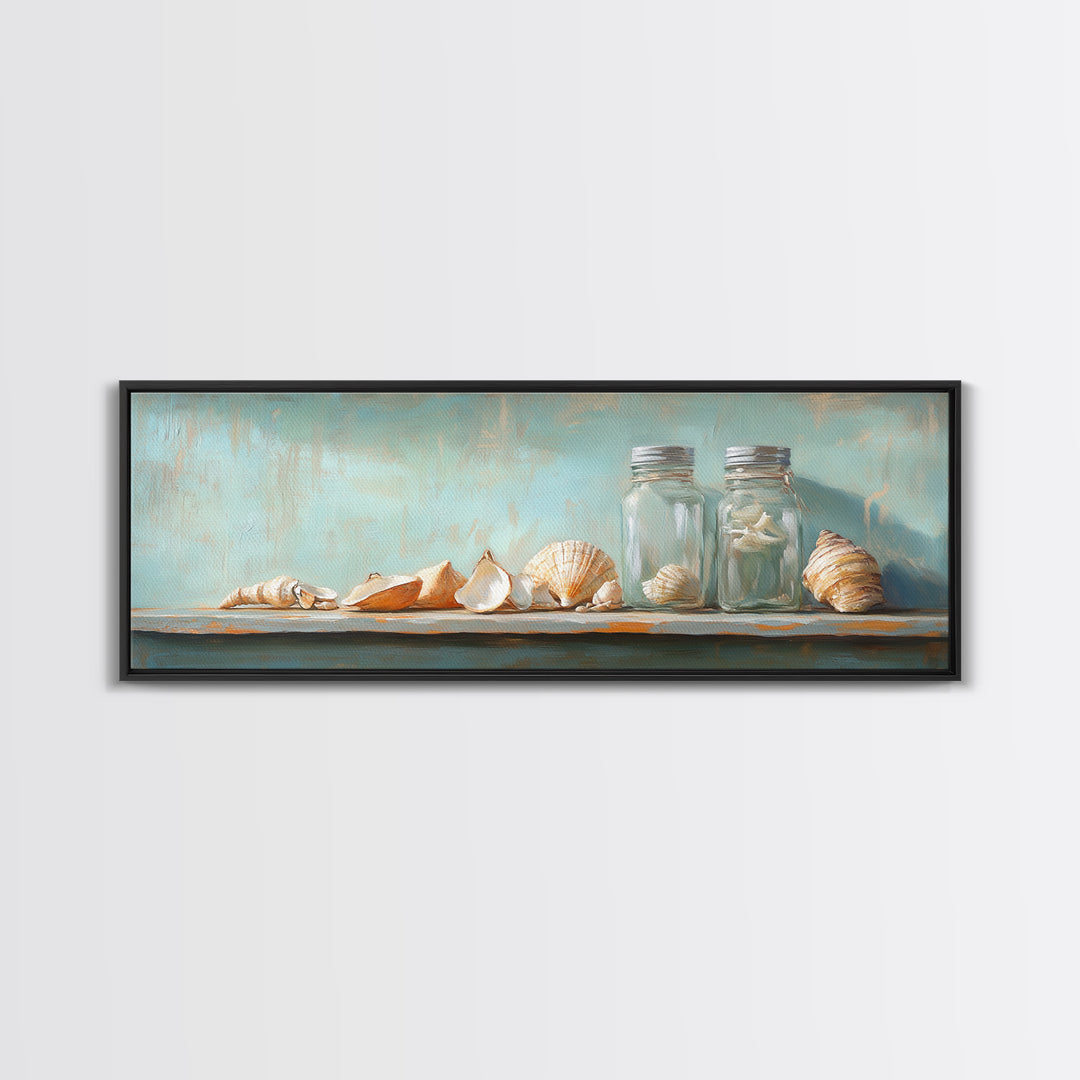 Seashells And Glass Jars Wall Art, Coastal Bathroom Decor, Beach House Canvas Print, Nautical Ocean Home Shelf Decor Gift